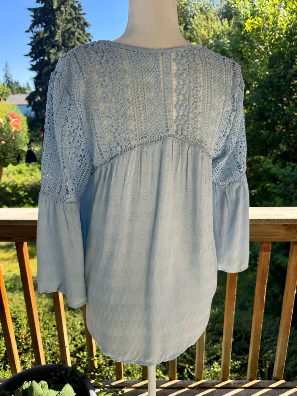 Blue Crochet Bell Sleeve Blouse